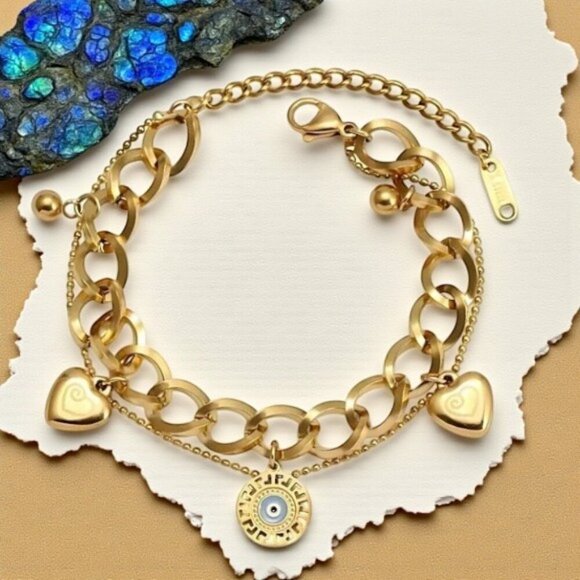 🆕️18K Gold Plated Stainless Steel Double Chain Bracelet Heart Evil Eye Charm 🌟 - Picture 1 of 10